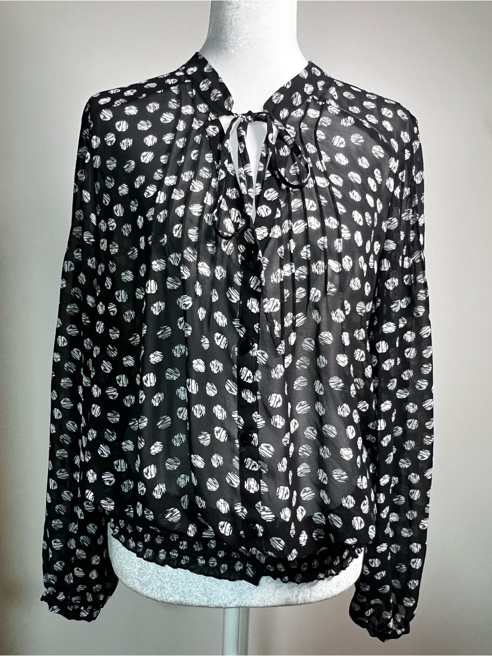 New York & Company Black and White Tie-Neck Printed Blouse